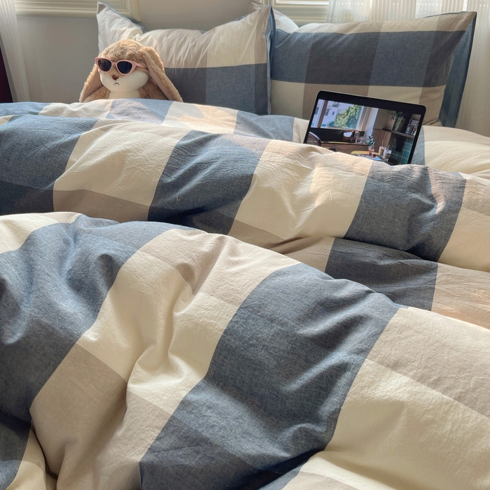 91家纺网 家纺一手货源 找家纺 雅居纺家纺 2025全棉色织水洗棉四件套 蓝大格