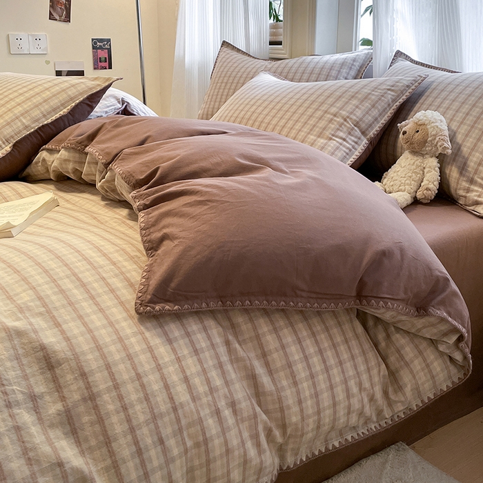 91家纺网 家纺一手货源 找家纺 蓝邻家纺 2025年新款全棉水洗棉贝壳边四件套系列 日落灰