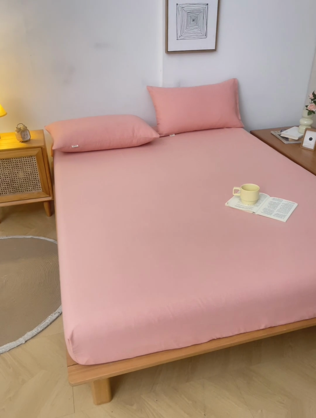 91家纺网 家纺一手货源 找家纺 棉乐町家居  2025新款原棉粗布床笠 樱花粉