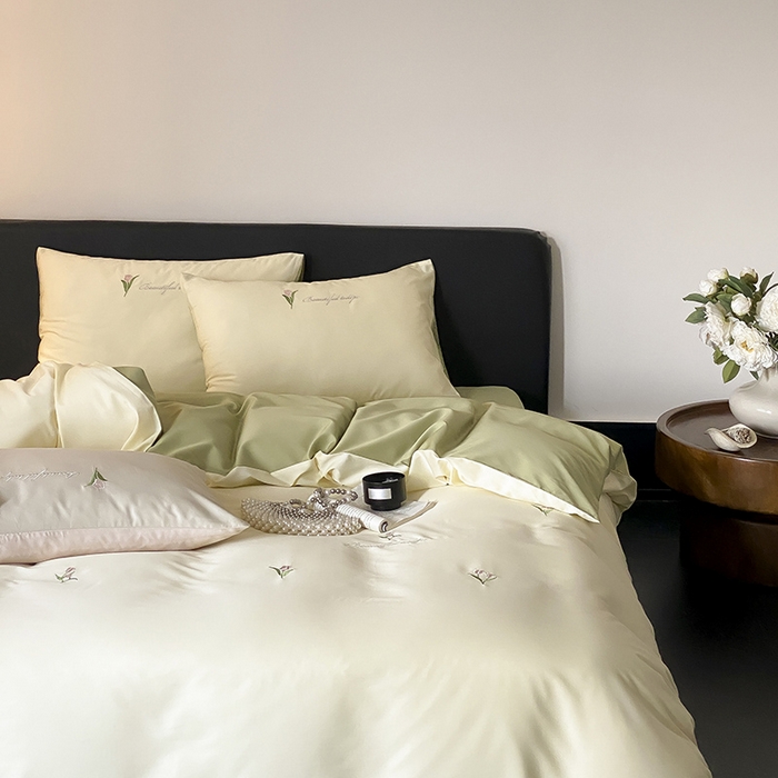 91家纺网 家纺一手货源 找家纺 Mr.pig猪先生水洗棉 2025新款天丝棉绣花郁金香系列四件套 郁金香-水竹绿