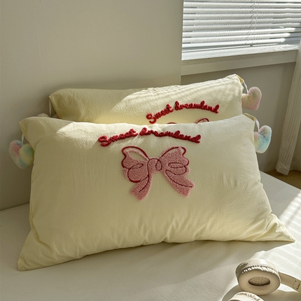 丽涵 2025新款水洗棉爱心球球单品枕套 蝴蝶结-奶黄