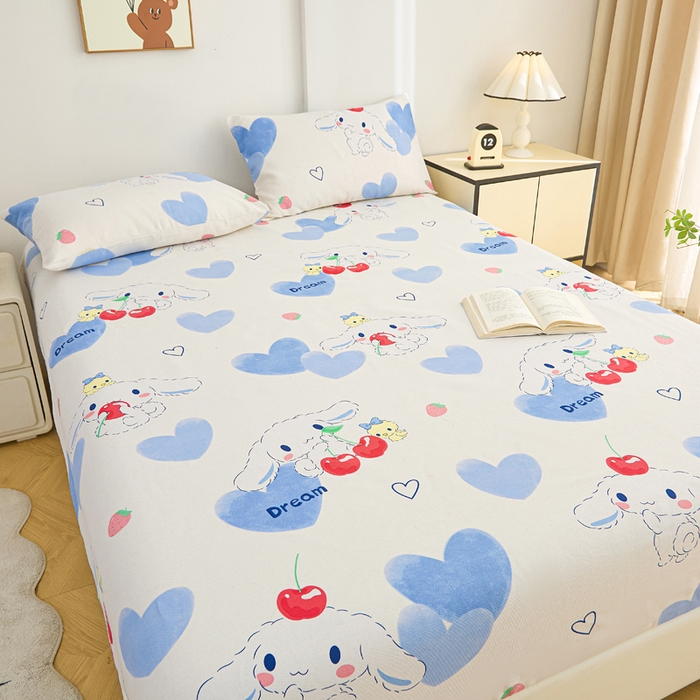 91家纺网 家纺一手货源 找家纺 棉乐町家居  2025新款原棉粗布床笠 樱桃笑脸兔