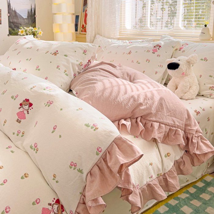 91家纺网 家纺一手货源 找家纺 纽缦家纺 2025新款云感提花双层纱韩版四件套 蜜糖之恋