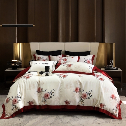 91家纺网 家纺一手货源 找家纺 薏思家纺 2025新款100支长绒棉数码印花飞边款四件套 满堂红
