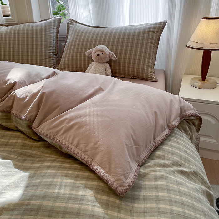 91家纺网 家纺一手货源 找家纺 蓝邻家纺 2025年新款全棉水洗棉贝壳边四件套系列 日落绿