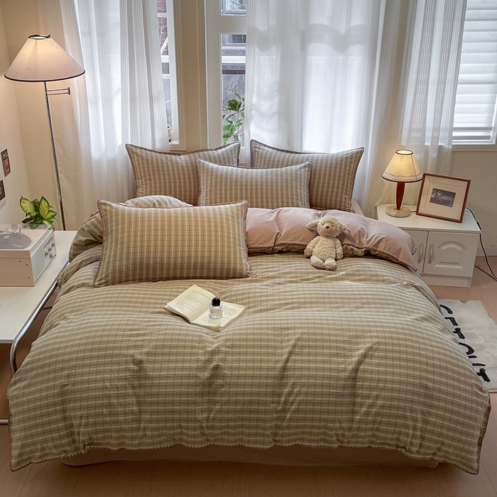 91家纺网 家纺一手货源 找家纺 蓝邻家纺 2025年新款全棉水洗棉贝壳边四件套系列 日落绿