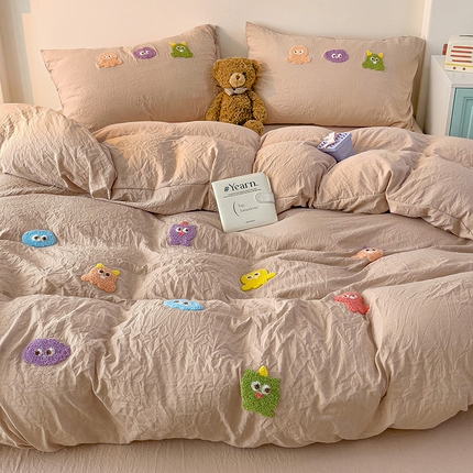 韩巢家纺  2025超柔水洗棉毛巾绣床上用品四件套-小精灵系列（提供卖家秀 ） 小精灵奶咖