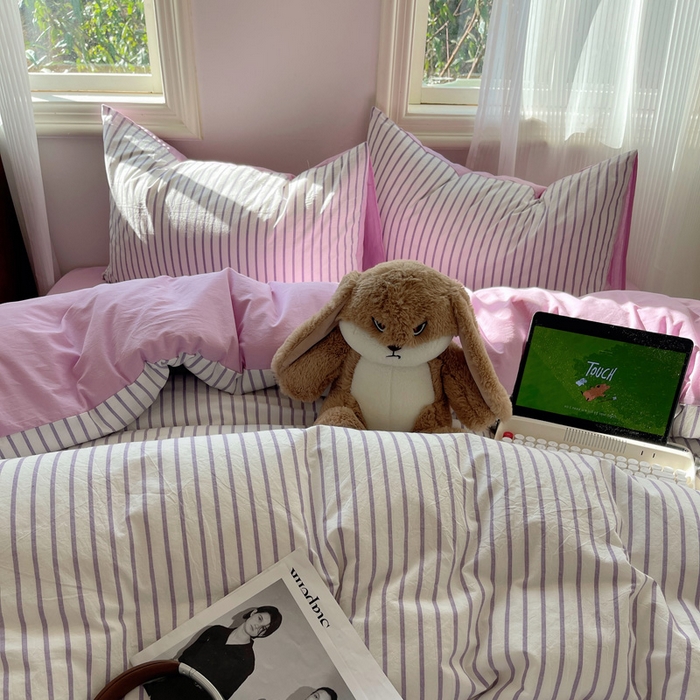 91家纺网 家纺一手货源 找家纺 雅居纺家纺 2025全棉色织水洗棉四件套 竖条紫