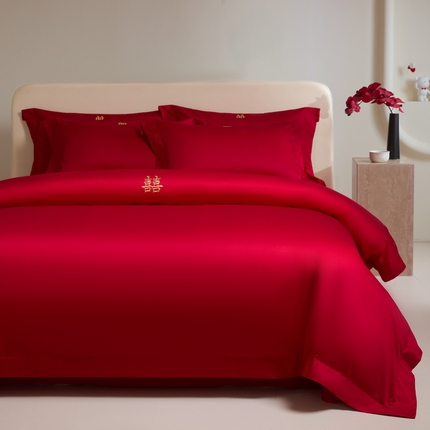 91家纺网 家纺一手货源 找家纺 （总）秀色家纺 2025新款高档100支新疆长绒棉婚庆四件套纯棉喜被全棉大红色结婚床单被套-囍