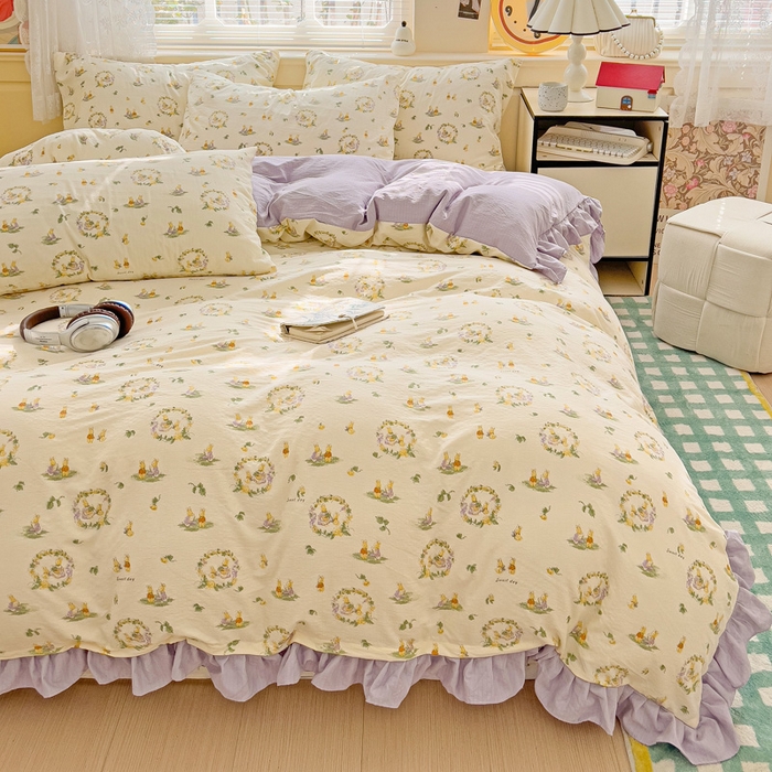 91家纺网 家纺一手货源 找家纺 纽缦家纺 2025新款云感提花双层纱韩版四件套 兔子的欢喜