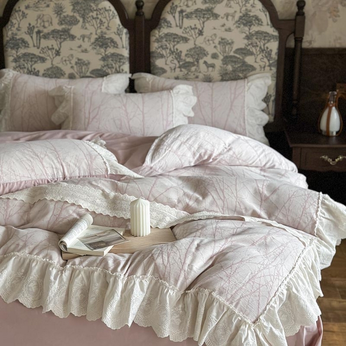 91家纺网 家纺一手货源 找家纺 亲亲公主 2025新款棉麻棉麻提花四件套 秘意-粉色