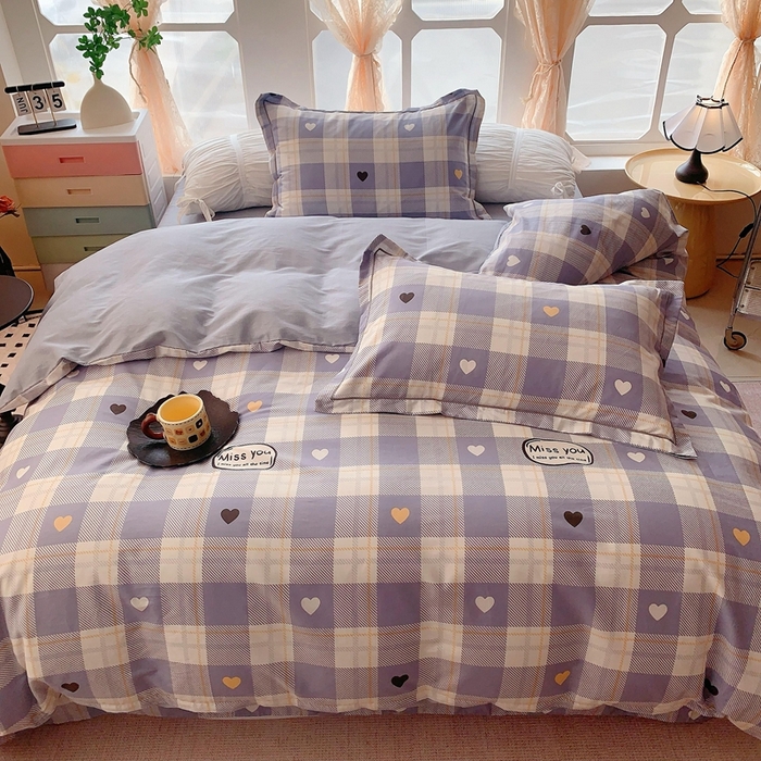 91家纺网 家纺一手货源 找家纺 奈萝家纺2025新款全棉 小号三件套 标准四件套 爱心蓝格