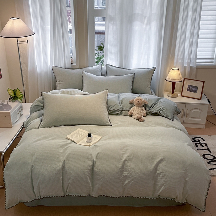 91家纺网 家纺一手货源 找家纺 蓝邻家纺 2025年新款全棉水洗棉贝壳边四件套系列 绿竖条