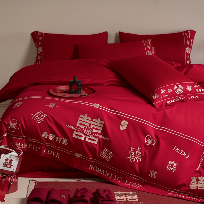 91家纺网 家纺一手货源 找家纺 苏源家居 2025新款 大红婚庆结婚喜庆刺绣轻奢四件套-吾家有喜系列 吾家有喜-金色