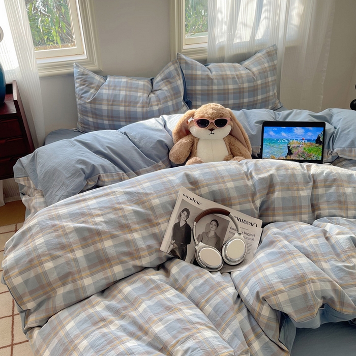 91家纺网 家纺一手货源 找家纺 雅居纺家纺 2025全棉色织水洗棉四件套 蓝调格