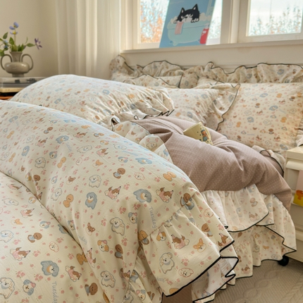 寐居家纺 2025新款韩版舒柔绵四件套 花边款-萌宠乐园