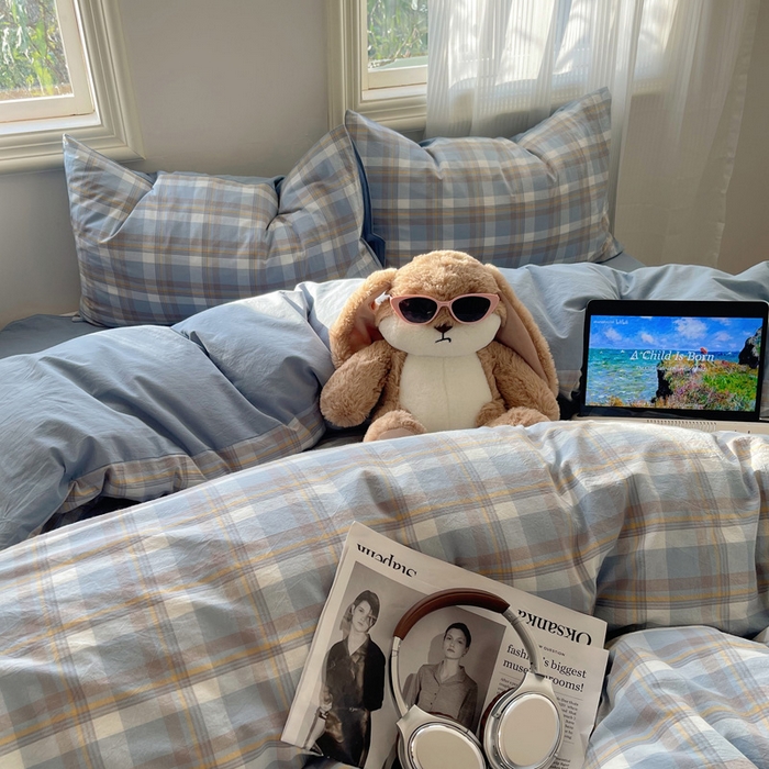 91家纺网 家纺一手货源 找家纺 雅居纺家纺 2025全棉色织水洗棉四件套 蓝调格