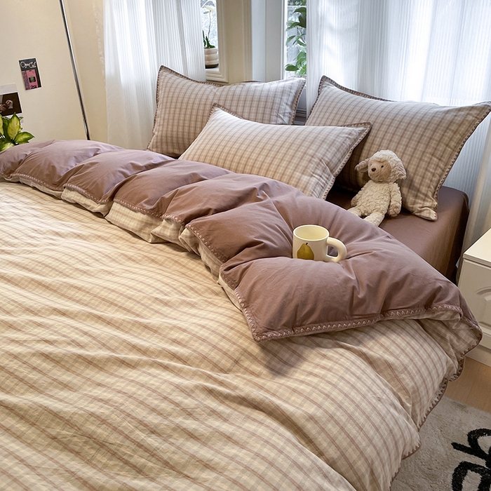 91家纺网 家纺一手货源 找家纺 蓝邻家纺 2025年新款全棉水洗棉贝壳边四件套系列 日落灰