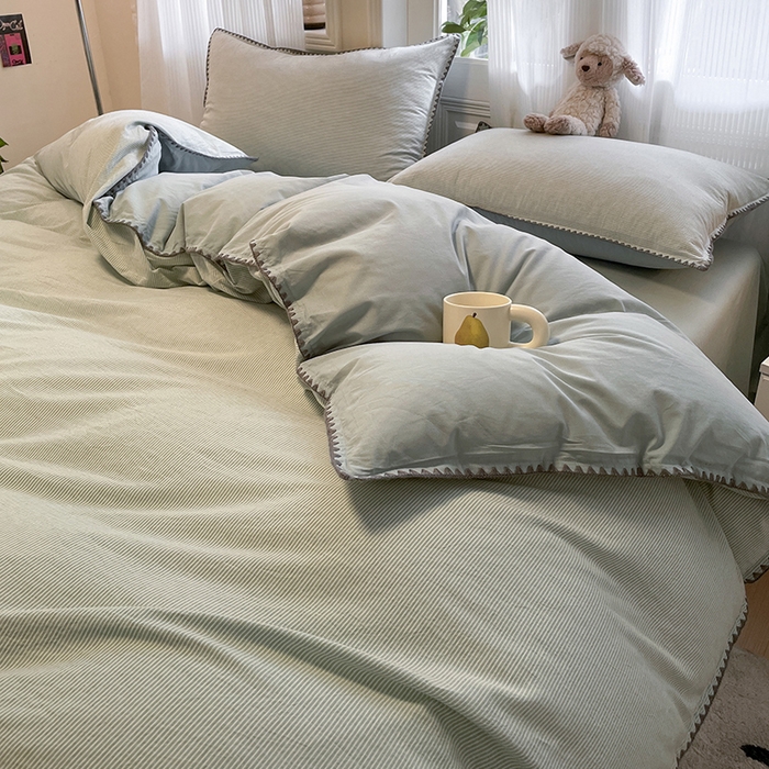 91家纺网 家纺一手货源 找家纺 蓝邻家纺 2025年新款全棉水洗棉贝壳边四件套系列 绿竖条