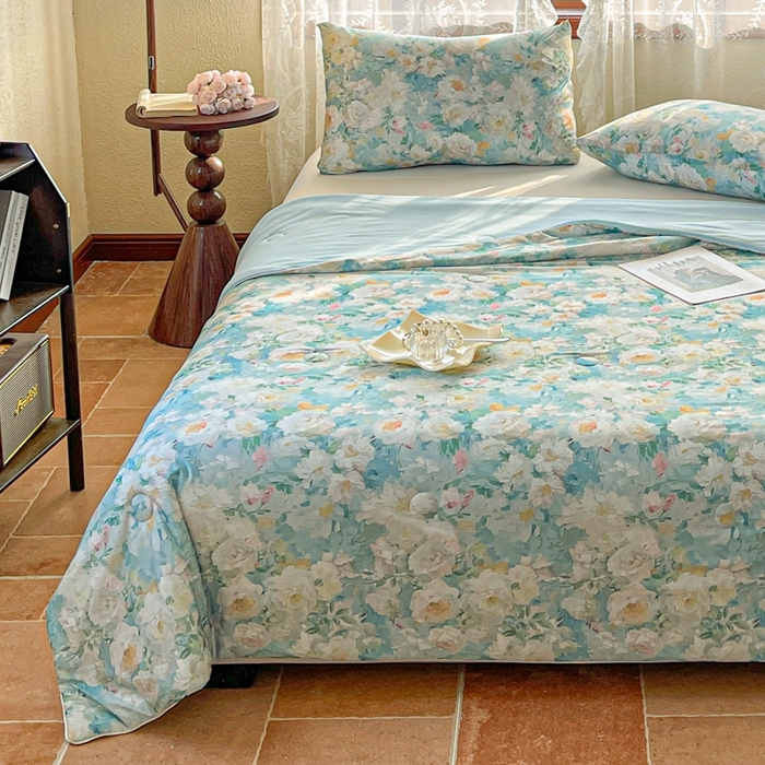 91家纺网 家纺一手货源 找家纺 小禹仔 2025新款针织凉感丝印花夏被夏凉被 花影绿