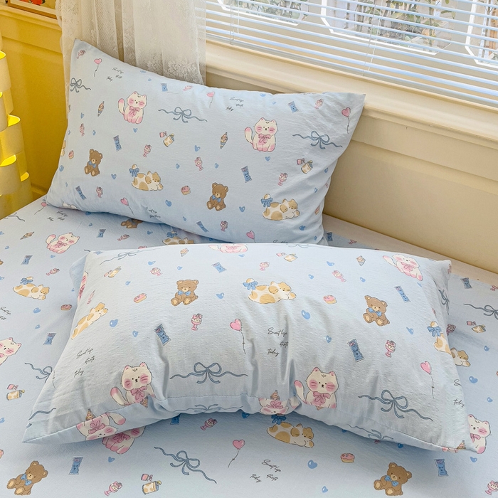 91家纺网 家纺一手货源 找家纺 纽缦家纺 2025新款云感提花双层纱韩版四件套 小猫时光蓝