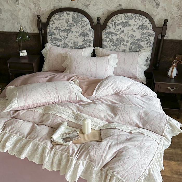 91家纺网 家纺一手货源 找家纺 亲亲公主 2025新款棉麻棉麻提花四件套 秘意-粉色