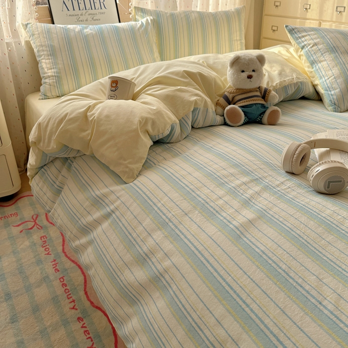 91家纺网 家纺一手货源 找家纺 雅居纺家纺 2025全棉色织水洗棉四件套 竖条蓝