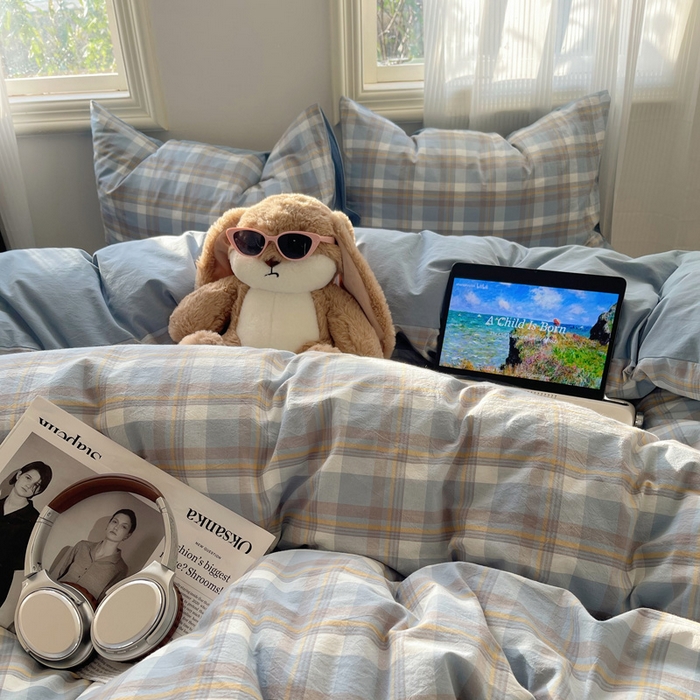 91家纺网 家纺一手货源 找家纺 雅居纺家纺 2025全棉色织水洗棉四件套 蓝调格