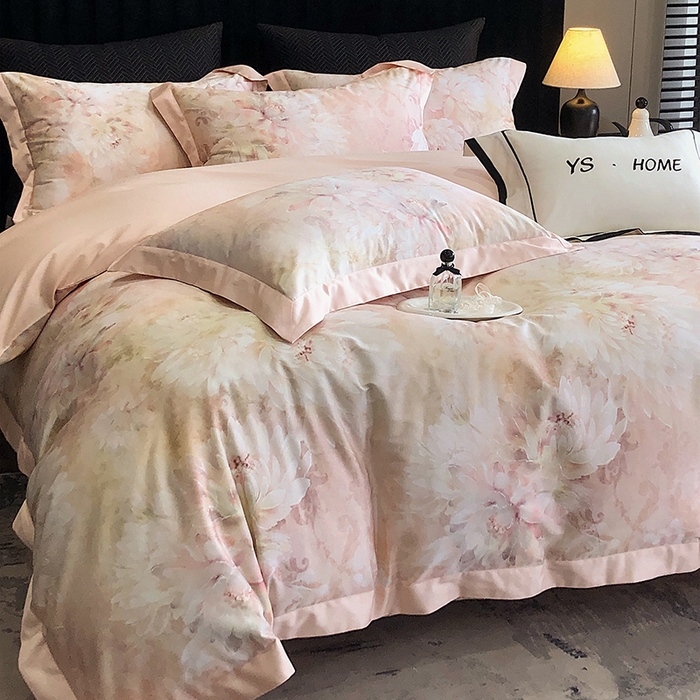 91家纺网 家纺一手货源 找家纺 薏思家纺 2025新款100支长绒棉数码印花飞边款四件套 花海