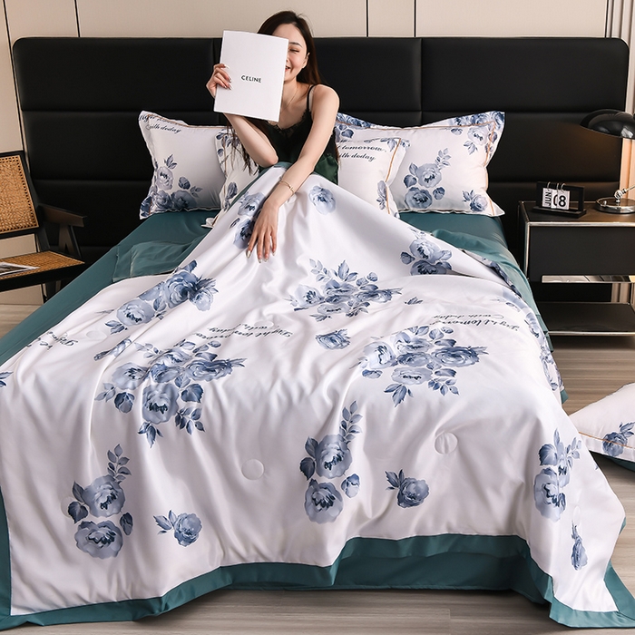 91家纺网 家纺一手货源 找家纺 千嘻汇2025新款水洗天丝真丝夏被四件套夏凉被空调被 花韵