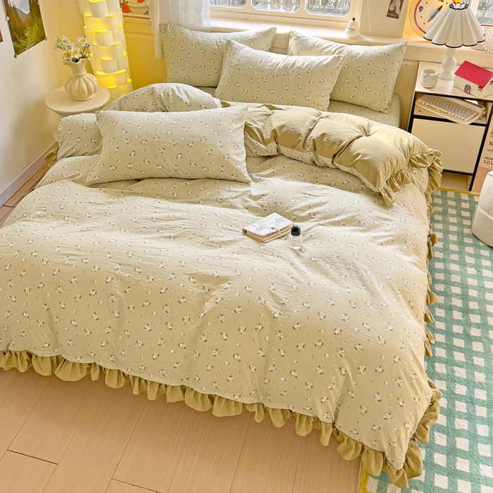 91家纺网 家纺一手货源 找家纺 纽缦家纺 2025新款云感提花双层纱韩版四件套 落日暮年绿