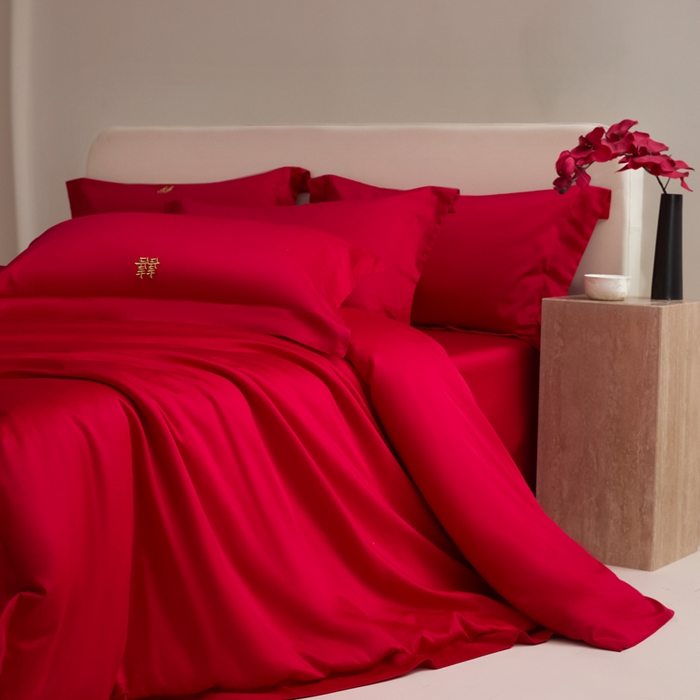 91家纺网 家纺一手货源 找家纺 （总）秀色家纺 2025新款高档100支新疆长绒棉婚庆四件套纯棉喜被全棉大红色结婚床单被套-囍