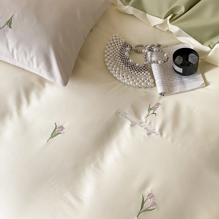 91家纺网 家纺一手货源 找家纺 Mr.pig猪先生水洗棉 2025新款天丝棉绣花郁金香系列四件套 郁金香-水竹绿