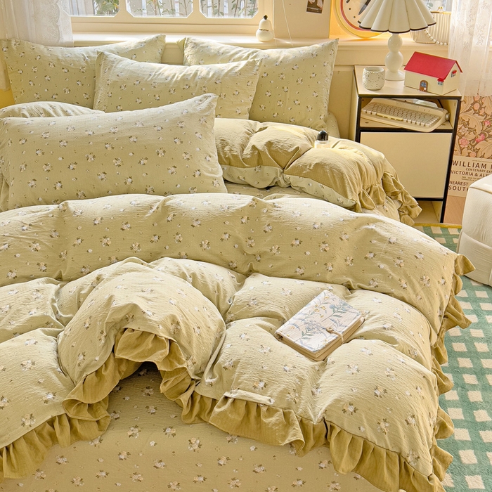 91家纺网 家纺一手货源 找家纺 纽缦家纺 2025新款云感提花双层纱韩版四件套 落日暮年绿