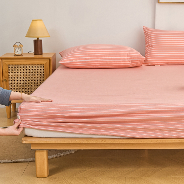 91家纺网 家纺一手货源 找家纺 棉乐町家居  2025新款原棉粗布床笠 条纹粉