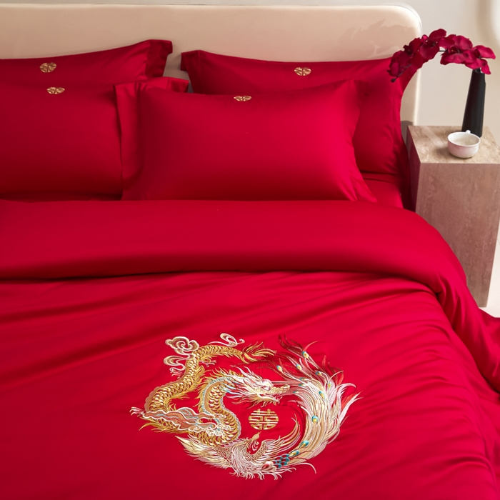 91家纺网 家纺一手货源 找家纺 （总）秀色家纺 2025新款高档100支新疆长绒棉婚庆四件套纯棉喜被全棉大红色结婚床单被套-龙凤呈祥