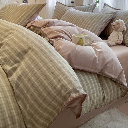 91家纺网 家纺一手货源 找家纺 蓝邻家纺 2025年新款全棉水洗棉贝壳边四件套系列 日落绿