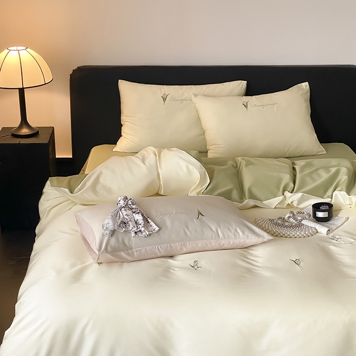 91家纺网 家纺一手货源 找家纺 Mr.pig猪先生水洗棉 2025新款天丝棉绣花郁金香系列四件套 郁金香-水竹绿