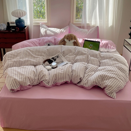 雅居纺家纺 2025全棉色织水洗棉四件套 竖条紫