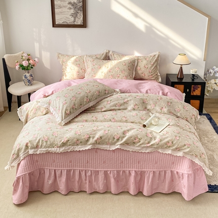 尚美 2025新款A类有氧13070全棉小白边花边床盖四件套 玫瑰
