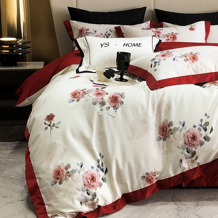 91家纺网 家纺一手货源 找家纺 薏思家纺 2025新款100支长绒棉数码印花飞边款四件套 满堂红