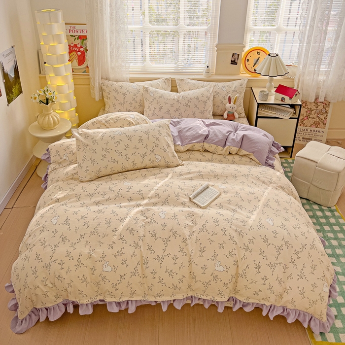 91家纺网 家纺一手货源 找家纺 纽缦家纺 2025新款云感提花双层纱韩版四件套 森田野园