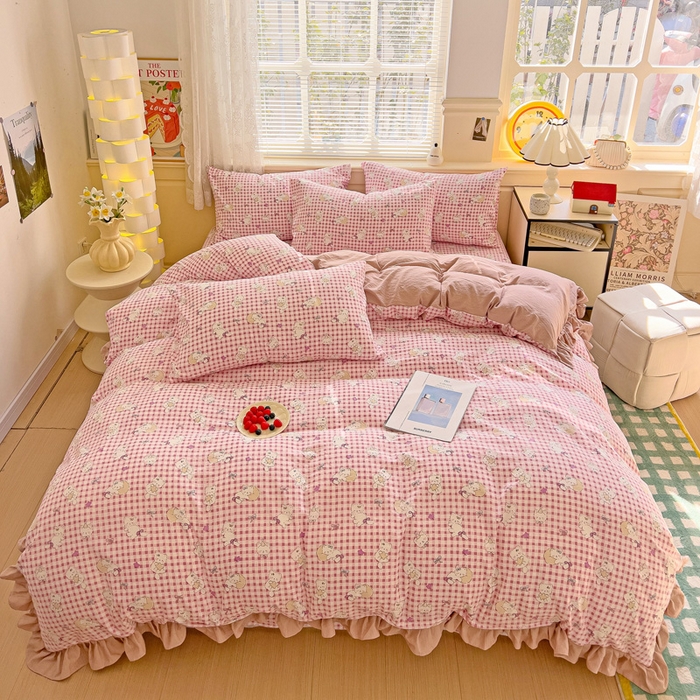 91家纺网 家纺一手货源 找家纺 纽缦家纺 2025新款云感提花双层纱韩版四件套 猫猫晚宴