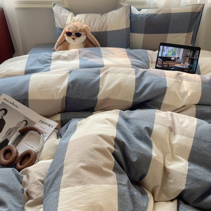 91家纺网 家纺一手货源 找家纺 雅居纺家纺 2025全棉色织水洗棉四件套 蓝大格