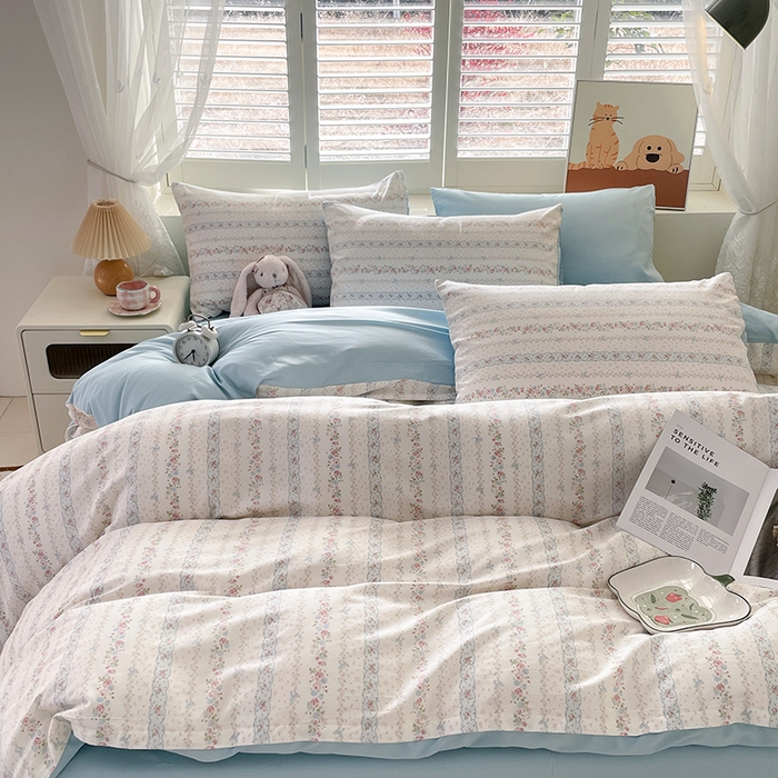 91家纺网 家纺一手货源 找家纺 丫丫家纺   2025全棉13070单被套印花小清新卡通碎花纯棉单品被套枕套（有预缩售后无忧 免费提供买家秀） 水苏花条纹