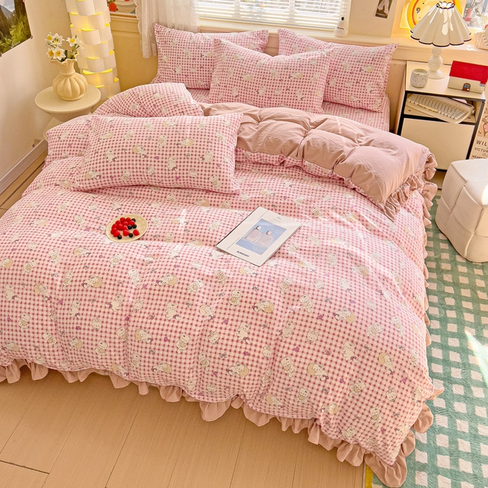 91家纺网 家纺一手货源 找家纺 纽缦家纺 2025新款云感提花双层纱韩版四件套 猫猫晚宴