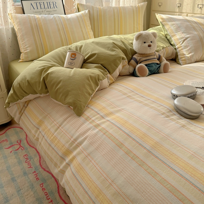 91家纺网 家纺一手货源 找家纺 雅居纺家纺 2025全棉色织水洗棉四件套 麦田绿