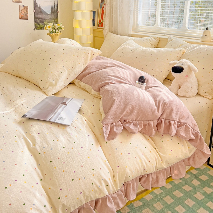 91家纺网 家纺一手货源 找家纺 纽缦家纺 2025新款云感提花双层纱韩版四件套 波点世界