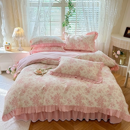 91家纺网 家纺一手货源 找家纺 （总）美达家纺 2025新款全棉纯色拼印花床裙四件套