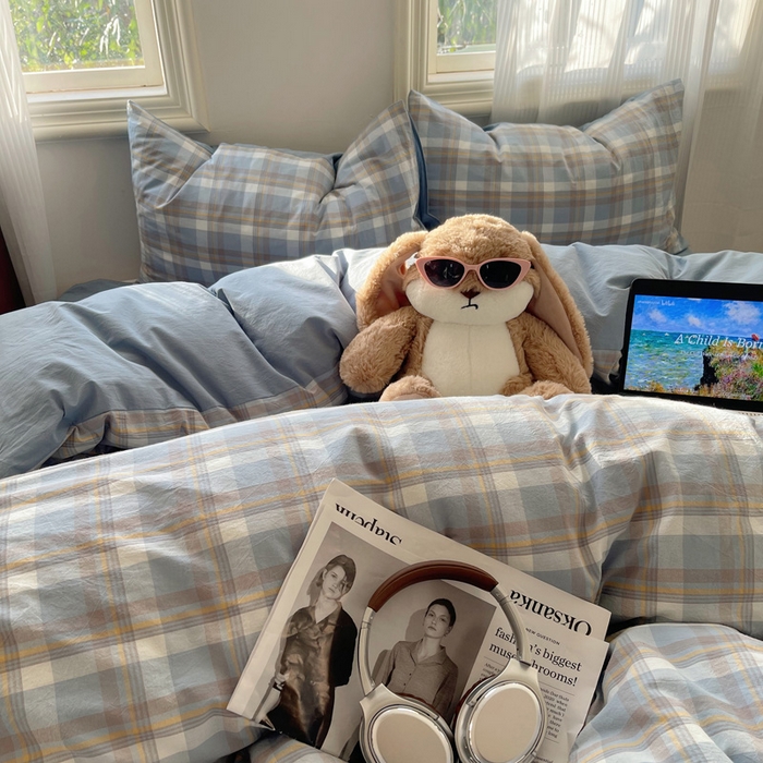 91家纺网 家纺一手货源 找家纺 雅居纺家纺 2025全棉色织水洗棉四件套 蓝调格